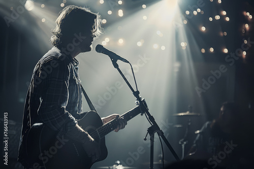 Silhouette of a guitarist playing on stage, immersed in beams of light during a live music concert, capturing the energy of a performance..