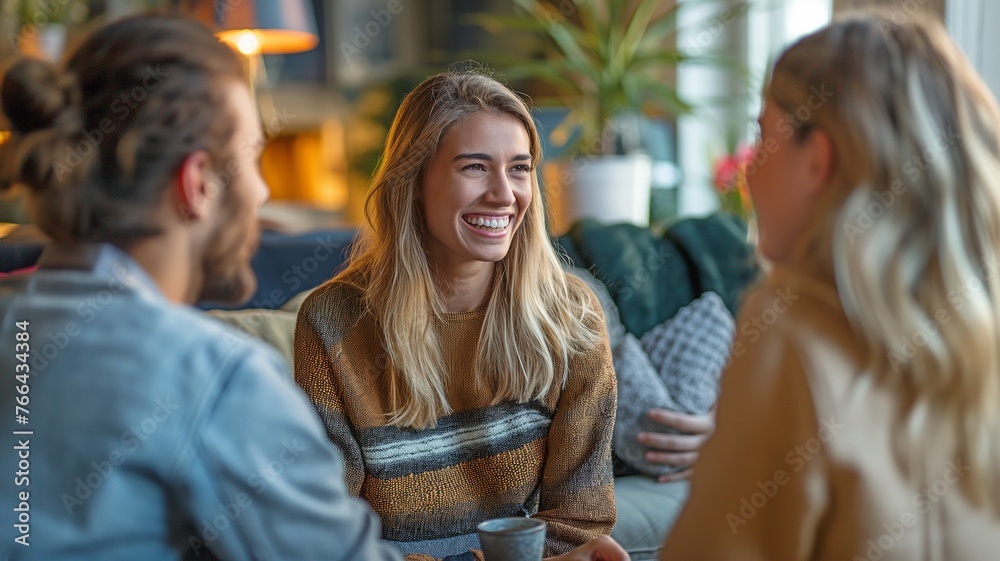 joyful, smiling individuals Colleagues or friends getting together in the living room to converse, exchange news, and tell each other stories joyful, smiling individuals Colleagues or friends getting together in the living room to converse, exchange news, and tell each other stories