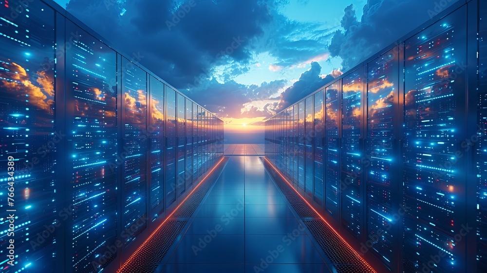 Cloud computing and computer networking concept: rows of network servers against blue sky with clouds - obrazy, fototapety, plakaty 
