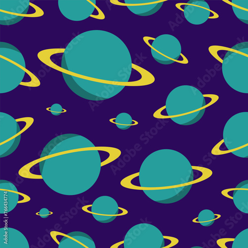 A cartoon large pattern with Saturn. Planets in space. Space vector graphics for printing, seamless galaxy background with planets.
