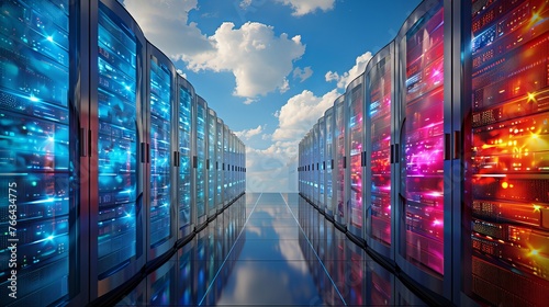Cloud computing and computer networking concept: rows of network servers against blue sky with clouds photo