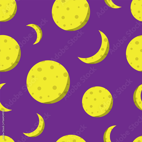 Cartoon pattern with planets. The moon and the moon on a purple background. Space vector graphics for printing, seamless background of galaxy constellations of the night sky, planet, moon or globe.