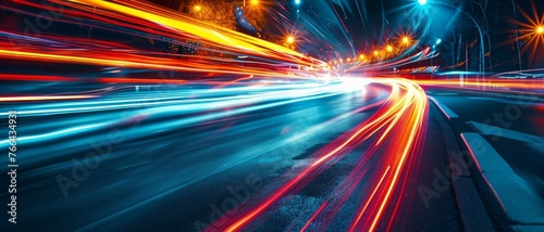 Car motion trails. Speed light streaks background with blurred fast moving light effect. Racing cars dynamic flash effects city road with long exposure night lights