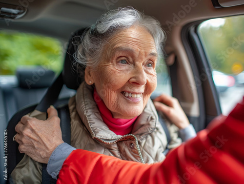 Una signora anziana scende dall'auto, l'assistente la aiuta, tenendole le mani. Una donna anziana ha difficoltà ad alzarsi dal sedile posteriore dell'auto photo