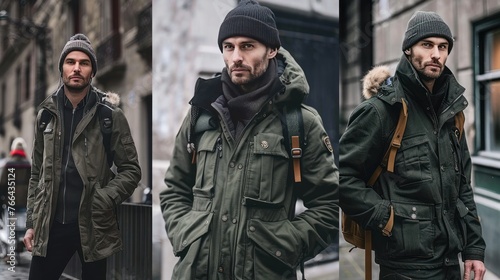 menswear outfit inspired by the ruggedness of mountain explorers, with functional details like reinforced seams and weatherproof pockets