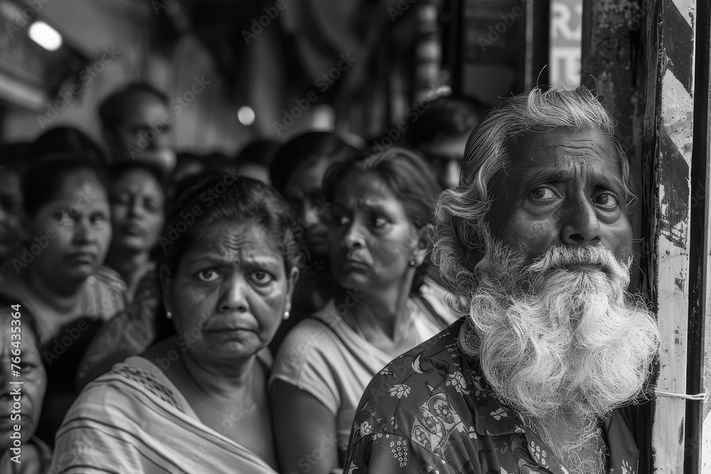 In a black and white scene, diverse individuals stand in line at a food counter, each lost in thought and anticipation. In a black and white scene, diverse individuals stand in line at a food counter, each lost in thought and anticipation.