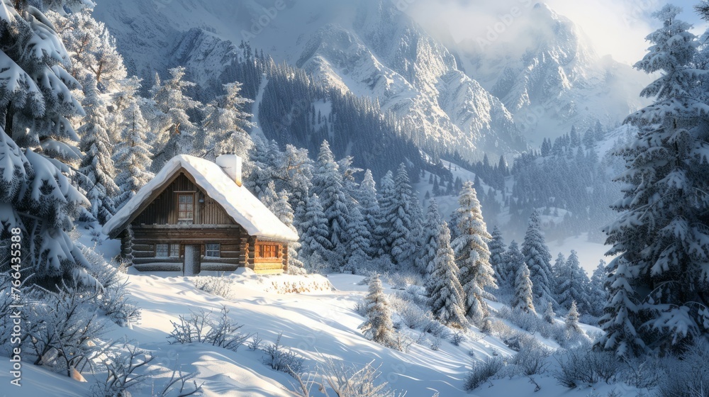 A cozy winter cabin nestled in the snowy mountains, where a family gathers around a crackling fireplace to share stories and laughter