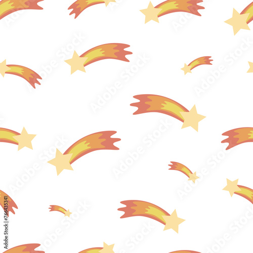 A seamless vector pattern with shooting stars, hand-drawn in the style of doodles, isolated on a white background, is suitable for clothes.