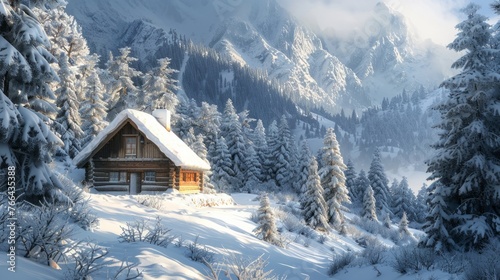 A cozy winter cabin nestled in the snowy mountains, where a family gathers around a crackling fireplace to share stories and laughter © teera