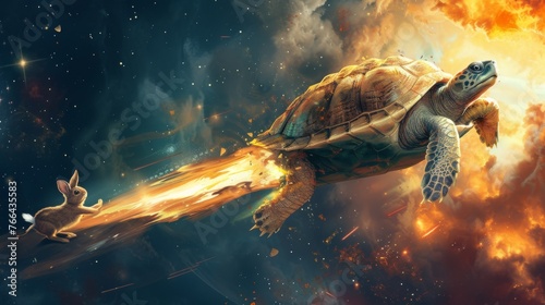 Turtle flying through the sky using a jet engine, a hare trying to catch up with it photo