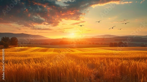 A tranquil rural landscape at sunset, with golden fields stretching to the horizon and birds soaring overhead in the warm evening breeze