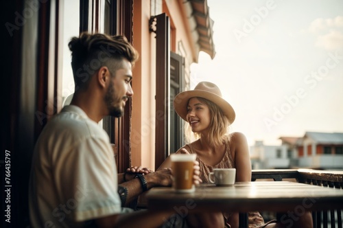 Beautiful couple is drinking coffee in a cafe. Man and woman are talking and smiling.
