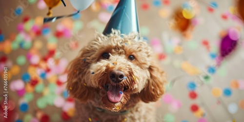 A dog wearing a party hat sits surrounded by colorful confetti.