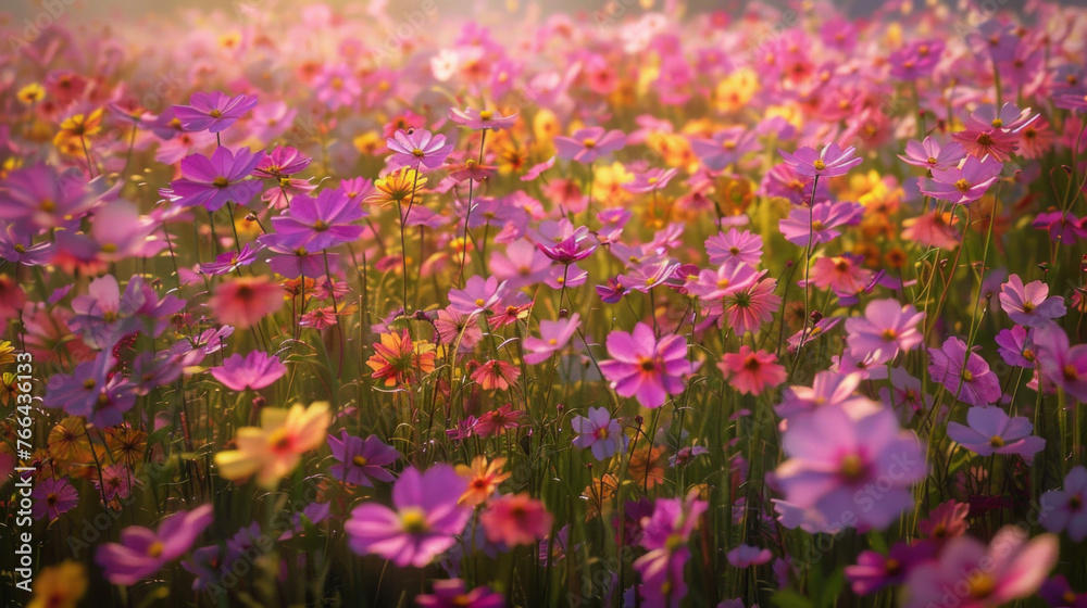 A vibrant field of wildflowers in shades of pink, purple, and yellow, creating a mesmerizing sight A vibrant field of wildflowers in shades of pink, purple, and yellow, creating a mesmerizing sight