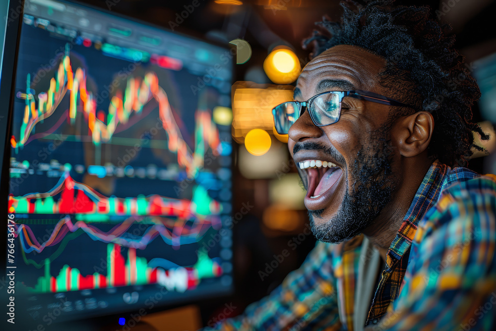 Euphoric male trader with glasses expressing joy in front of computer screens showing financial trading data.. Euphoric male trader with glasses expressing joy in front of computer screens showing financial trading data..