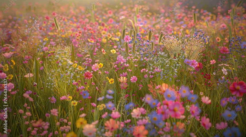 A vibrant field of wildflowers in shades of pink, purple, and yellow, creating a mesmerizing sight