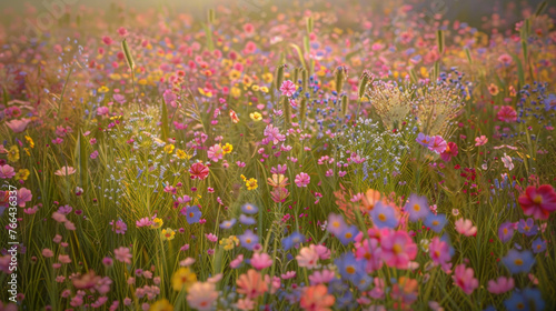 A vibrant field of wildflowers in shades of pink  purple  and yellow  creating a mesmerizing sight