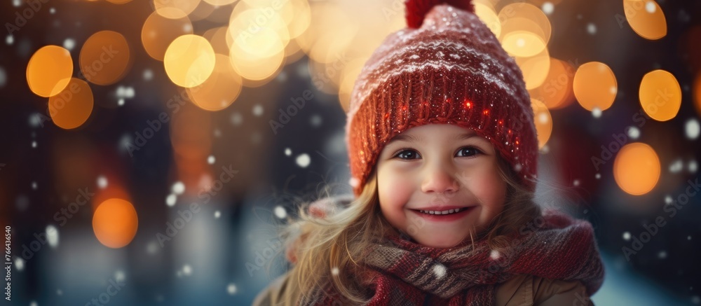A close up of a child looking cozy and warm in a vibrant red hat and scarf A close up of a child looking cozy and warm in a vibrant red hat and scarf
