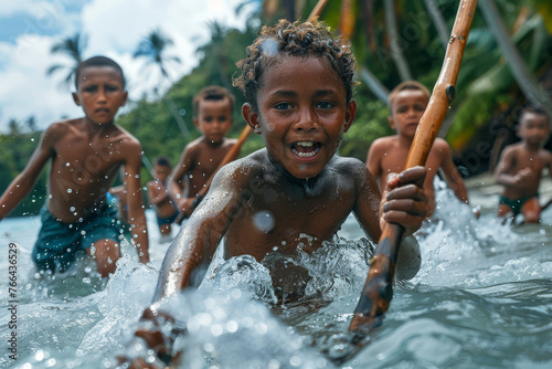 Exuberant children swimming and splashing in a river  with one boy smiling broadly at the forefront  amidst a tropical backdrop..