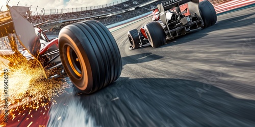 A race car speeds along a racetrack, emitting sparks as it grazes the curb during a high-speed moment.closeup