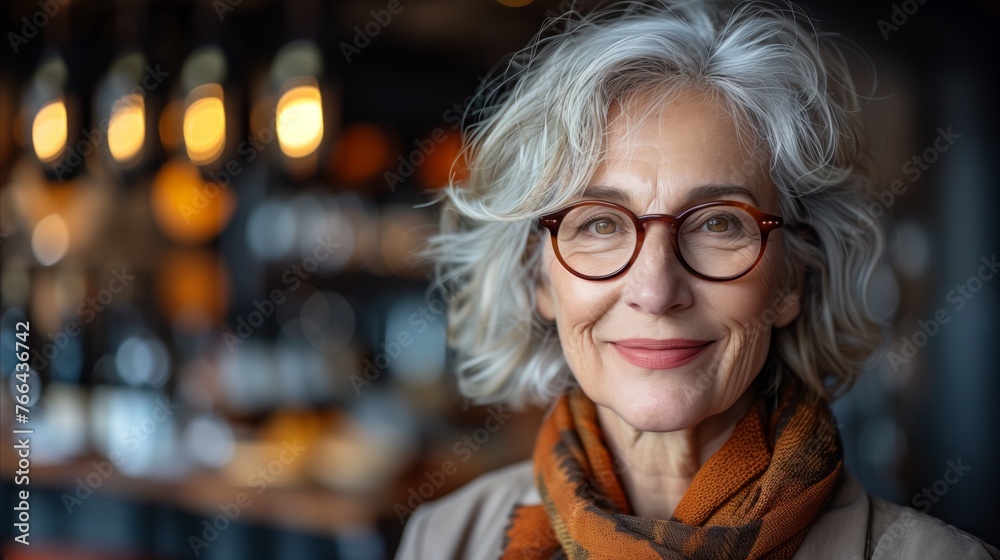 Elegant Senior Woman Smiling in a Cozy Cafe Setting Elegant Senior Woman Smiling in a Cozy Cafe Setting