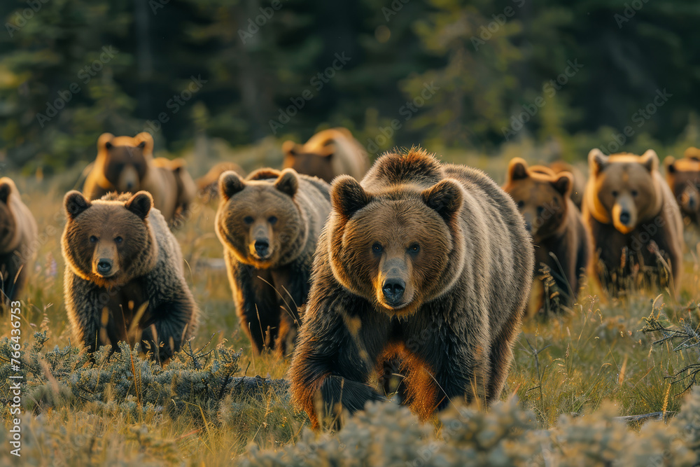 A powerful grizzly bear leads a group through a field at dusk, with the golden hour light casting a warm glow on the scene.. - obrazy, fototapety, plakaty 