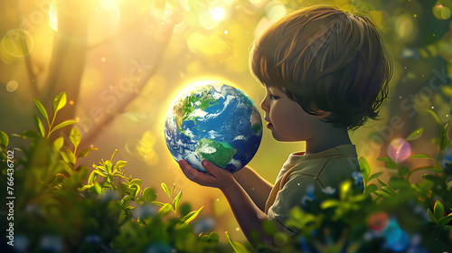 earth's future, young boy tenderly holding and embracing the Earth in his hands amidst a lush green natural background, concept of love and care for the environment