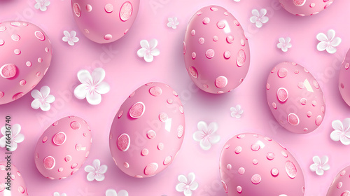 Pastel Pink Easter Eggs and Flowers on Textured Background