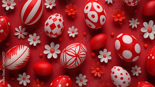 Festive Red Easter Eggs with Floral Patterns on a Vibrant Background