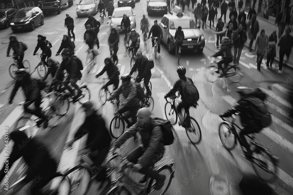 blurred motion capture of cyclists and pedestrians crossing a busy urban street, evoking the rush of city life.