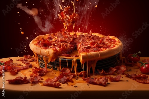a pizza bursting energetically from a tray 