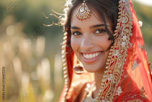 Smiling beautiful Indian bride wearing jewelry