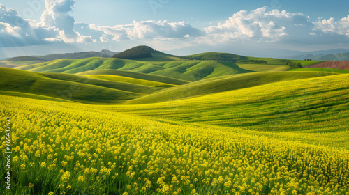 A serene countryside landscape with rolling green hills and vibrant fields of yellow rapeseed flowers