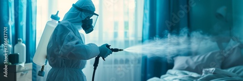 Close-up of a disinfector wearing protective gear, applying bed bug spray in a room photo