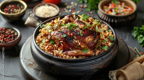 Arabic rice with quail, in the style of Pinnadhrayal