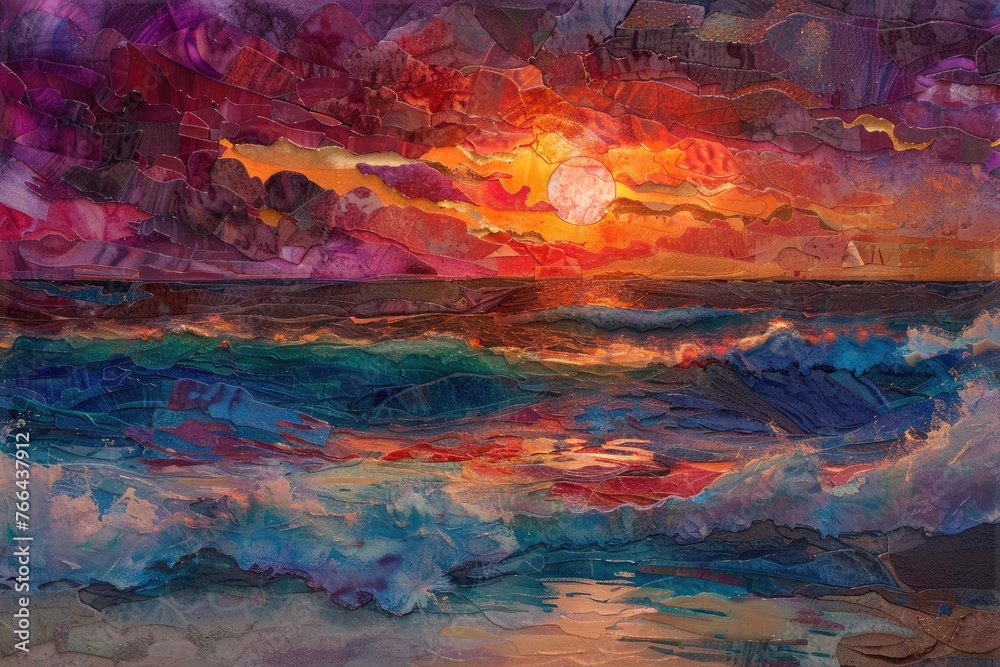 a sunset over a beach and the waves - obrazy, fototapety, plakaty 
