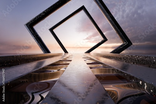 3d Render, Scifi Landscape Futuristic post apocalyptic scenario with abstract alien landscape. Glass object. © yudhistirama