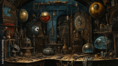 A room with many clocks and other objects. The mood of the room is mysterious and dark. The objects in the room are old and antique, giving the room a sense of history and intrigue