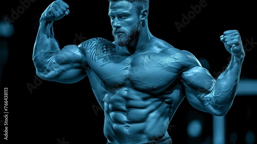 Muscular Man Flexing Biceps in Dramatic Blue Monochrome Lighting