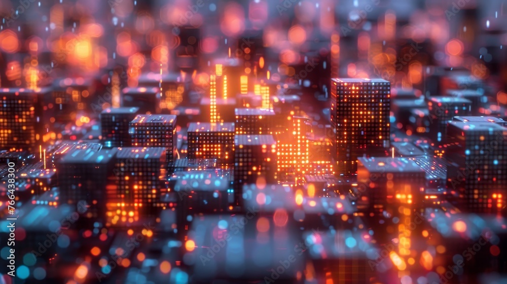 An abstract visualization of a cityscape, reminiscent of electronic circuitry, glowing with neon red and set against a backdrop of technological complexity.
