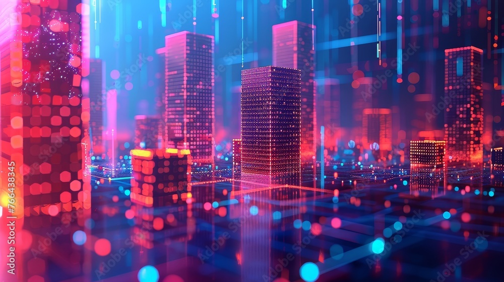 : A mesmerizing cityscape at twilight, illuminated by futuristic neon lights in red and blue, portraying a vibrant urban life in the digital age.