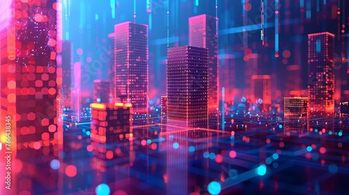 : A mesmerizing cityscape at twilight, illuminated by futuristic neon lights in red and blue, portraying a vibrant urban life in the digital age.