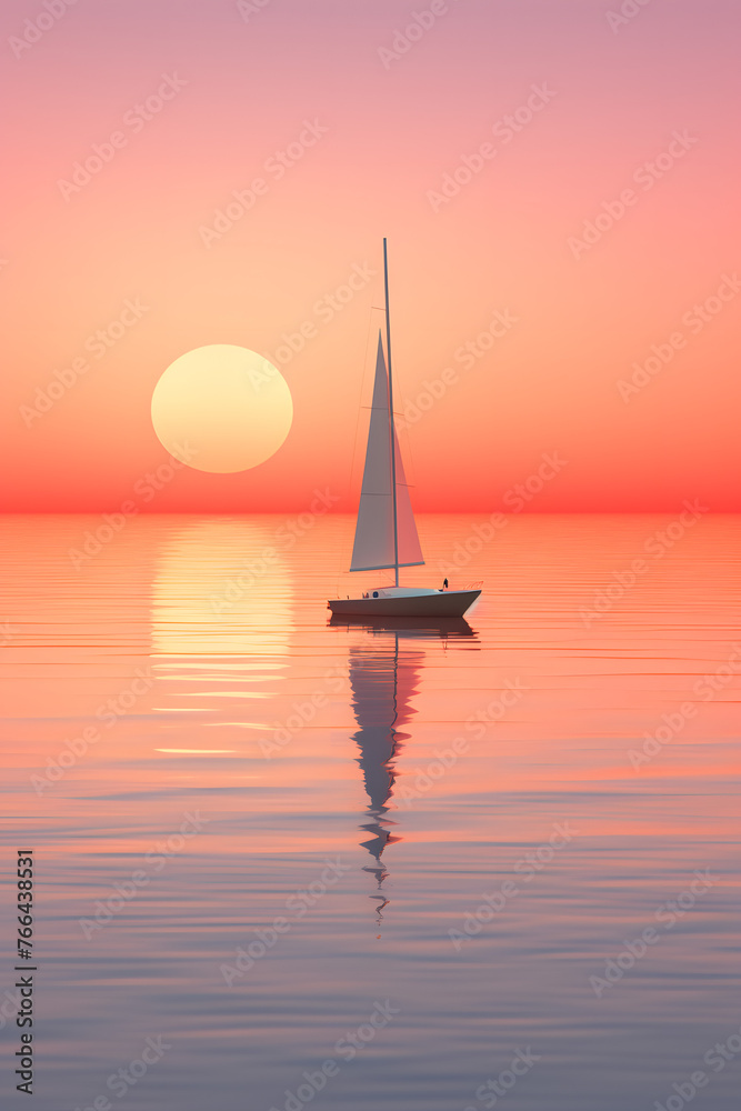 Fototapeta premium Tranquil Sunset Sail: Minimalist Serene Waters Illustration