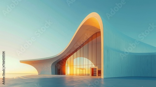 3D rendering of an abstract architectural structure, embodying modern minimalism with clean lines with warm golden sunlight with cool shadows inside, and a bright blue sky background