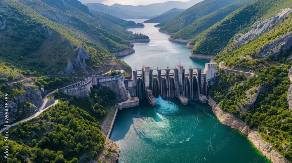 Hydroelectric power station at a dam in a mountainous region