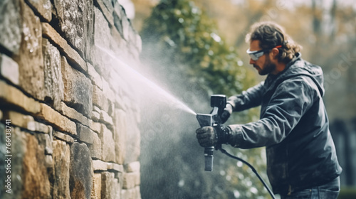 Man Cleaning a Stone Wall with a Power Washing Machine