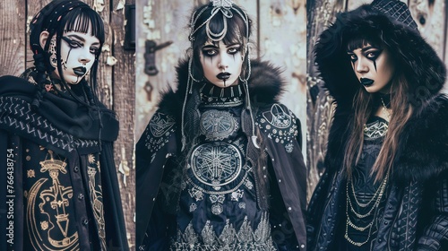 a collection of gothic winter wear, including knit sweaters with occult symbols, faux fur-lined capes,  photo