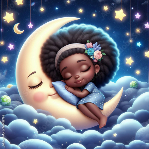 3D cartoon of a girl sleeping on the moon between the clouds and stars