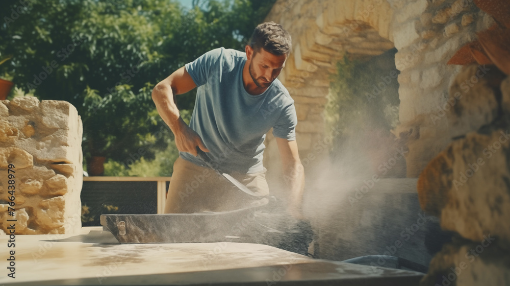 Man Cleaning a Stone Wall with a Power Washing Machine Man Cleaning a Stone Wall with a Power Washing Machine