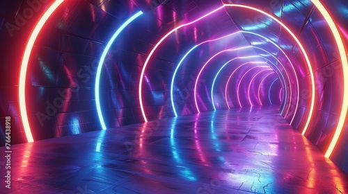 tunnel lined with vibrant neon lights, drawing the viewer into an infinite journey through a futuristic corridor.